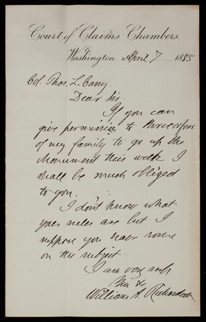William Richardson to Thomas Lincoln Casey, April 7, 1885