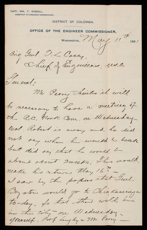 [William] T. Rossell to Thomas Lincoln Casey, May 11, 1891