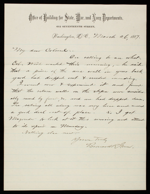 Bernard R. Green to Thomas Lincoln Casey, March 26, 1887