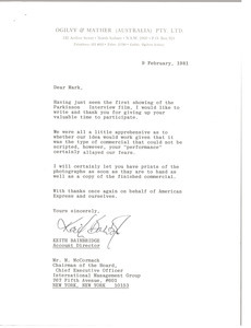 Letter from Keith Bainbridge to Mark H. McCormack