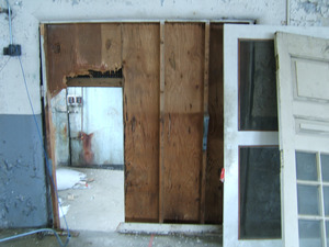 Interior view through makeshift doorway