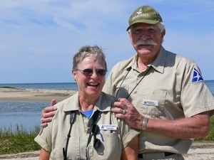 Jeanette Bragger and Irwin Shorr (Mass Audubon Society volunteers) by the bay, Wellfleet Bay Wildlife Sanctuary