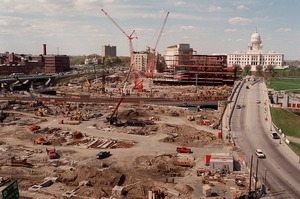 Mall construction from Westin Hotel: Nordstrom store to the left of the Rhode Island Statehouse