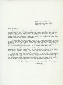 Letter from Judi Chamberlin to Marilyn Rice