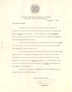 Letter from National Institute of Arts and Letters to W. E. B. Du Bois
