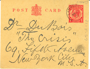Postcard from Frances Hoggan to W. E. B. Du Bois