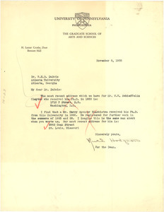 Letter from University of Pennsylvania Graduate School of Arts and Sciences to W. E. B. Du Bois