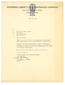 Letter from Supreme Liberty Life Insurance Company to W. E. B. Du Bois