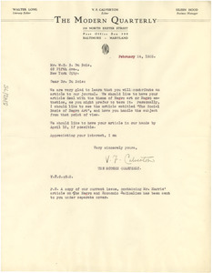 Letter from The Modern Quarterly W. E. B. Du Bois