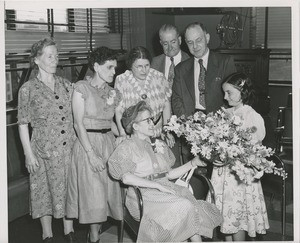 Woman receiving flowers