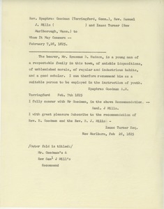 Transcript of letter of recommendation for Erasmus Darwin Hudson