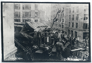 Beach Street Station accident, view from tracks of cars and crane