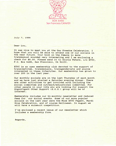 Correspondence from ETVC to Lou Sullivan (July 7, 1986)