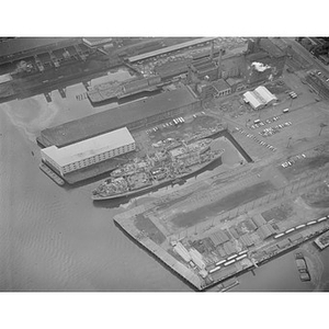 South Boston Waterfront, piers, 2 boats docked, power plant, upper right, Boston, MA