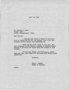 Letter to Mr. Charles A. Anton from Paul E. Tsongas