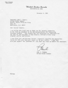 Letter to John C. Stennis from Paul E. Tsongas