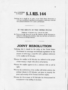 S. J. RES. 144: declaring that it should be the policy of the United States Government to encourage unconditional negotiations for the purpose of achieving a cease-fire and a political settlement to the conflict in El Salvador