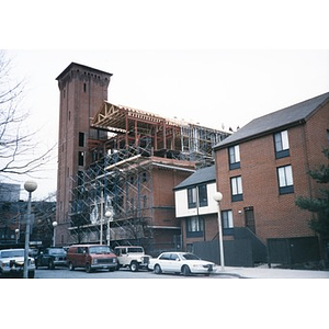 Framing and roofing of Taino Tower which was being constructed on the remains of the former Shawmut Congregational Church.