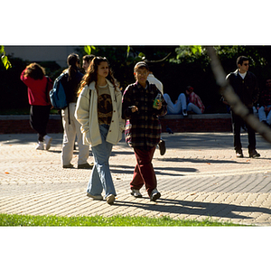 Two students walk through library quadrangle