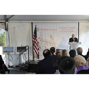 Dr. George J. Kostas gives a speech at the groundbreaking ceremony for the George J. Kostas Research Institute for Homeland Security