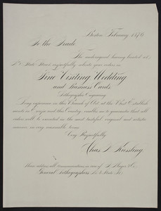 Handbills for fine visiting, wedding and business cards, J. Mayer & Co., general lithographers, No. 4 State Street, Boston, Mass., February 1876