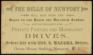 Trade card for the Belle of Newport, Ocean House Stables, Newport, Rhode Island, undated