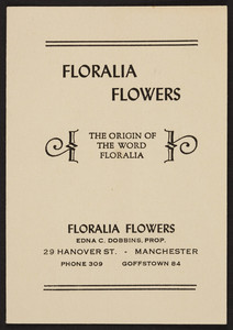 Floralia Flowers, the origin of the word floralia, 29 Hanover Street, Manchester, New Hampshire, undated