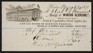 Billhead for Winsor Gleason, fruit & vegetables, Cellar No. 13, Faneuil Hall Market, south side, Boston, Mass., dated March 24, 1871