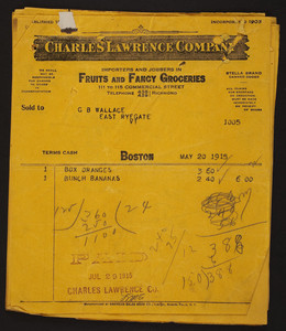 Billheads for the Charles Lawrence Company, importers and jobbers in fruits and fancy groceries, 111 to 115 Commercial Street, Boston, Mass., dated May-June, 1915