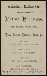 Trade card for the Wakefield Rattan Co., manufacturers of rattan furniture, No. 115 Washington Street, Boston, Mass., undated