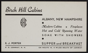 Trade card for Birch Hill Cabins, Route 16, Albany, New Hampshire, undated
