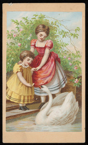 Trade card, two young girls feeding a swan, location unknown, undated