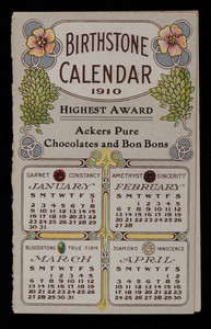 Birthstone calendar 1910, Ackers pure chocolates and bon bons, Finley Acker Co., Atlantic City, New Jersey