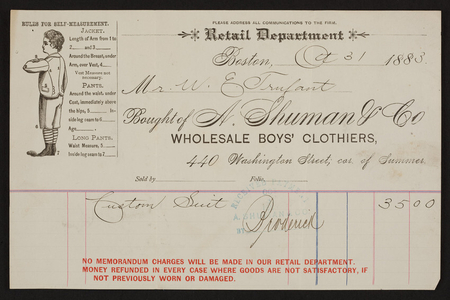 Billhead for A. Shuman & Co., wholesale boys' clothiers, 440 Washington Street corner of Summer, Boston, Mass., dated October 31, 1883