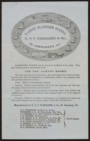 Patent Platform Scales, E. & T. Fairbanks & Co., St. Johnsbury, Vermont, ca. 1853