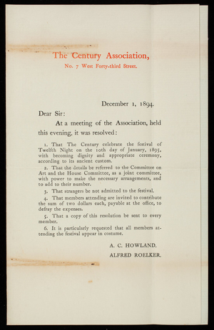 The Century Association, December 1, 1894