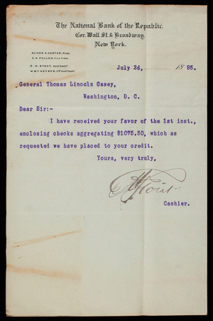 Charles H. Stout/National Bank of the Republic to Thomas Lincoln Casey, July 2, 1895