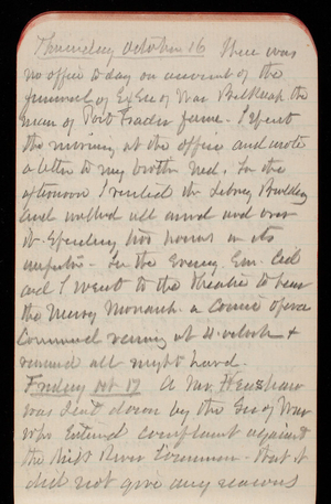 Thomas Lincoln Casey Notebook, October 1890-December 1890, 19, Thursday October 16