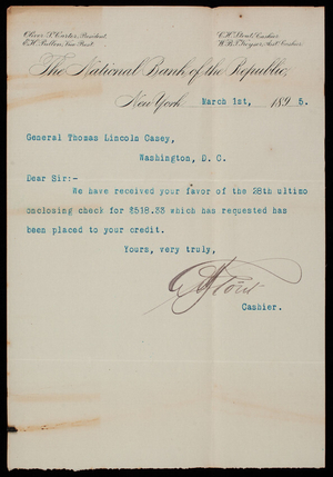 [Charles] H. Stout/National Bank of the Republic to Thomas Lincoln Casey, March 1, 1895