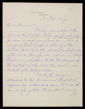 Senator [George] Edmunds to Thomas Lincoln Casey, February 20, 1890