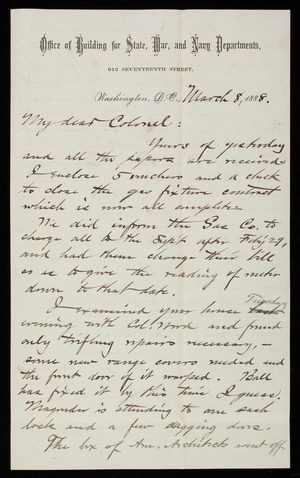 Bernard R. Green to Thomas Lincoln Casey, March 8, 1888