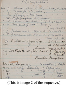 Notebook with lists of photographs by Marian Hooper Adams, 1883-1885