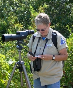 Jeanette Bragger (Mass Audubon Society volunteer) with a birdwatcher's monocular, Wellfleet Bay Wildlife Sanctuary