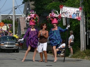 David Scarbie Mitchell (right) with flowerpot hat : Provincetown Carnival parade