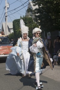 Parade marchers dressed in colonial-era costumes : Provincetown Carnival parade