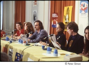 MUSE concert and rally: press conference with (l-r) unidentified woman, Bonnie Raitt, James Taylor, unidentified woman, Graham Nash, and Winona LaDuke