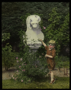 Mrs. John Tyler, Amherst (little boy standing at white stone lion fountain)