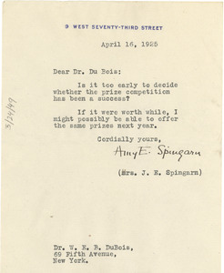 Letter from Amy E. Spingarn to W. E. B. Du Bois