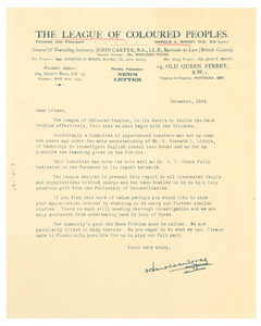 Circular letter from League of Coloured Peoples to W. E. B. Du Bois