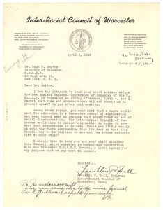 Letter from Inter-Racial Council of Worcester to Hugh H. Smythe